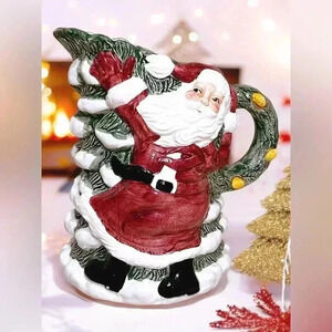 VTG Christmas Holiday Santa Lotus Windblown Snowy Tree 2 Quart Ceramic Pitcher